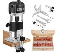 Palm Router Tool, 800W 30000Rpm Woodworking Hand Router with Trimmer Base & 15Pcs 1/4"(6.35mm) Router Bits Set, 6 Variable Speeds Handheld Wood Trimmer Router with Straight Guide, 220V (Black)