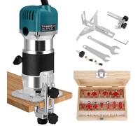 Palm Router Tool, 800W 30000Rpm Woodworking Hand Router with Trimmer Base & 15Pcs 1/4"(6.35mm) Router Bits Set, 6 Variable Speeds Handheld Wood Trimmer Router with Straight Guide, 220V