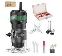 Palm Router Tool, 800W 33000Rpm - 6-Speed Wood Trimmer with Base, 15-Piece 1/4” Bits & Guide, Durable for Precision Work 220V (A)