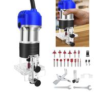 Palm Router Trimmer, 800W Woodworking Hand Router with Trimmer Base, 4000-27000RPM 6 Speed Settings, Handheld Wood Compact Trim Router Power Routers Tool with 15pcs 6.35mm Router Bit Set, Blue