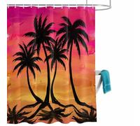 Palm Silhouette Shower Curtain for Bathroom, Summer Tropical Palm Trees Orange Red Sunset Waterproof Cloth Fabric Bathroom Accessories Set with 12 Rust Proof Plastic Hooks, 72” x 96”
