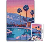 Palm Springs Poolside Paradise Illustration 1000 Piece Jigsaw Puzzles for Adults Interactive Cognitive Skill Game Unique Memorable Present Idea Size 38x52cm