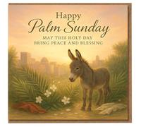 Palm Sunday Card - Donkey and Palm Leaves, Jerusalem Skyline - Religious Easter Holy Week Greeting with 'Happy Sunday' Peace and Blessing Message