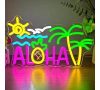Palm Tree Aloha Neon Sign Aloha Sign for Wall Decor Tropical Hawaiian LED Sign Beach LED Sign Pineapple Luau Party Decorations for Tiki Bar Birthday Party Bedroom Decor
