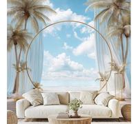 Palm Tree Arch Curtain Wall Paper Cloud Sea Backdrop Self-Adhesive Wallpaper 250x175 cm Wedding Decor Wallpaper Mural for Living Room Bedroom Decor Removable Poster Qe126D