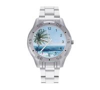Palm Tree By The Beach Men's Quartz Watch Trendy Stainless Steel Bands Easy Read Minimalist Wristwatches Business Daily