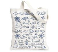 Palm Tree Canvas Tote Bag for Women, Summer Coastal Beach Umbrella Cocktail Summer Navy Blue Washable Reusable Graphic Tote Bag Ideas for Outdoor Travel Workday Reading 13x15 Inch