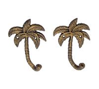 Palm Tree Cast Iron Wall Hooks, Wall Mounted for Hanging Coats, Purses, Towels, Hats, Beach Themed Wall Décor, Set of 2, 6.5 Inches High (Gold Toned)