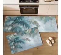 Palm Tree Flowers Kitchen Rugs and Mats Carpet Standing Mats Washable 2 Pieces Microfiber Non-Slip Gray-Blue Rug Set for Kitchen Floor Front of Sink, Hallway,40x60+40x120cm,Tropical Style