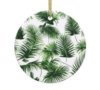 Palm Tree Green Leaves -Print Custom Christmas Ceramic Ornament Gold String, Round Printed Holiday Hanging For Tree Wedding Party DeCor.