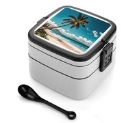 Palm Tree Hawaii Beach Bento Box with Spoon & Handle - 2 Compartment Leak-Proof Stackable Lunch Box for Adults, BPA-Free Reusable Food Containers for Work, Travel, Picnic