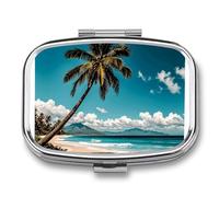 Palm Tree Hawaii Beach Pill Box 2 Compartment - Small Metal Medicine Organizer Portable Pill Case for Purse Pocket Travel Vitamin Organizer for Men Women, BPA-Free