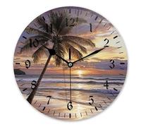 Palm Tree In An Oil - Painted Evening Coast Round Clocks Colorful Frameless Wall Clock Non-Ticking Quartz Clocks For Living Room Home Office 25Cm