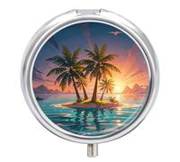 Palm Tree Island Pill Box 3 Compartment Waterproof Pill Case with Mirror Portable for Purse Pocket Daily Medicine Vitamin Organizer Travel Med Container Holder for Fish Oil Supplements