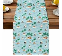 Palm Tree Islands Table Runner, Coastal Summer Sailboats Green Ocean Cotton and Table Linen Runner for Kitchen Dining Home Decor for Party Festival Holiday Decoration Gift 13x36in