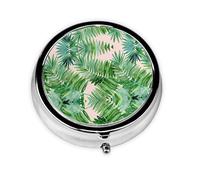 Palm Tree Leaves This Small, Round Pill Box is a Portable Travel Medicine Organizer with Three compartments for Storing Daily medications.