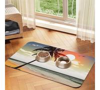 Palm Tree On Beach Pet Feeding Mat Absorbent Pu Leather Dog Cat Food Mats Contain Spills Protects Floors, Anti-Slip Rubber Backing Dog Bowl Mats Easy Clean Pet Placemats 30x45cm