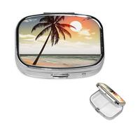 Palm Tree on Beach Pill Box 2 Compartment Round Metal Pill Case for Purse & Pocket, Portable Medicine Organizer Travel Pillbox Daily Pill Container Holder to Hold Vitamins, Fish Oil