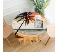 Palm Tree on Beach Tablecloth Exquisite Wrinkle-Free Straight-Edge Round Table Cloth Anti-Fading Premium Polyester Tablecloth Waterproof Folding Table Cloths for Tables Decor