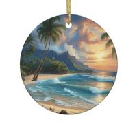 Palm Tree Over Blue Sea Ocean Christmas Ornaments, Hanging Festive Decorative Ornament, Perfect for Holiday and Gift