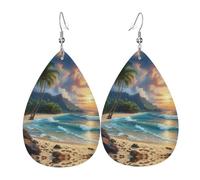 Palm Tree Over Blue Sea Ocean Leather Earrings For Women Dangle, Piercing Teardrop Earrings Lightweight Jewelry Gifts For Women Girls