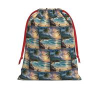 Palm Tree Over Blue Sea Ocean Printing Drawstring Gift Bag With Red Ribbon Soft Stylish For Christmas Halloween Fits Card Candies