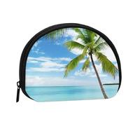 Palm Tree Over Blue Sea Seascape Mini Zipper Coin Purse, Small Travel Organizer with All-Over Print, Durable Polyester Fabric, Compact Pouch for Coins,Keys
