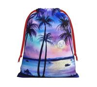 Palm Tree Pattern Print Christmas Drawstring Gift Bags, Xmas Holiday Fabric Gift Wrapping Bag For Party, Size-L