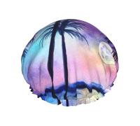 Palm Tree Pattern Print Shower Cap, Lined Shower Cap For Women Reusable, Double Layer Waterproof Bath Cap