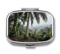 Palm Tree Pill Box - 2 Compartment Travel Pill Organizer with Small Mirror, Portable Pillcase for Pocket & Purse, Cute Square Medicine Case, Weekly Medicine Container