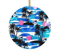 Palm Tree Print Christmas Tree Ceramic Hanging Ornaments,Round Ceramic Decorations,For Home, Christmas