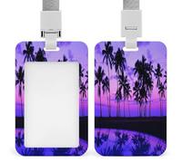 Palm Tree Purple Sunset Badge Holder ID Badge Card Holder Wallet Case Sturdy Lanyard Badge Protector Vertical Plastic Card Case Protector Pouch with Clear Window ID Holder
