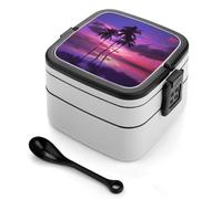 Palm Tree Purple Sunset Bento Box with Spoon & Handle - 2 Compartment Leak-Proof Stackable Lunch Box for Adults, BPA-Free Reusable Food Containers for Work, Travel, Picnic