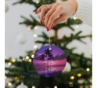 Palm Tree Purple Sunset Ceramic Christmas Ornaments - 2.8 Inch Round Double-Sided Xmas Tree Decorations with Gold Ribbon for Home Holiday Decor, Gift for Family & Friends