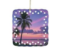 Palm Tree Purple Sunset Ceramic Christmas Ornaments 3 Inch Double Sided Square Pendant Holiday Tree Hanging Decor for Home, Party, Hotel Decorations, Gift for Teacher, Neighbor, Friend