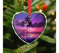 Palm Tree Purple Sunset Christmas Ornaments - Heart Christmas Tree Decorations with Red String, Winter Holiday Keepsake Pendant for Fireplace, Mantel, Wreath Holiday Party Decor (3.1 Inch)