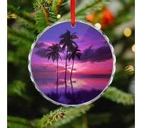 Palm Tree Purple Sunset Christmas Ornaments - Round Christmas Tree Decorations with Red String, Winter Holiday Keepsake Pendant for Fireplace, Mantel, Wreath Holiday Party Decor (3.1 Inch)