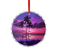 Palm Tree Purple Sunset Glass Circular Pendant Personalization Christmas Tree Hanging Ornaments Funny Round Glass Hanging Pendants Holiday Decor for Party Xmas Wedding