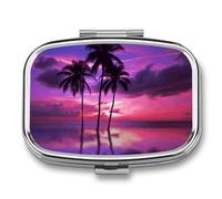 Palm Tree Purple Sunset Pill Box Travel Pill Organizer 2 Compartment Weekly Pill Case with Mirror A Day Medicine Container Medicine Organizer for Purse, Pocket, Or Wallet