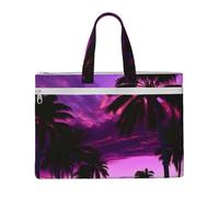 Palm Tree Purple Sunset Print Lightweight Foldable Canvas Tote File Bag Storage For Office Supplies Commuting