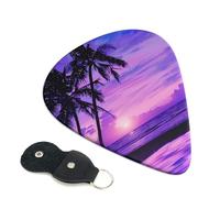 Palm Tree Purple Sunset Printed Guitar Picks, 6 Pack with Leather Keychain Pick Holder - 0.46mm, 0.71mm, 0.96mm Assorted Thickness for Acoustic Ukulele, Electric Guitar, Acoustic Guitar, Bass