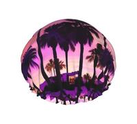 Palm Tree Purple Sunsets Reusable Shower Cap,Double Layer Water Shower Non Wetting Hair Cap,Large Size For All Hair Lengths
