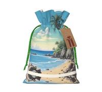 Palm Tree Rocky Shore Print Christmas Drawstring Holiday Candy Bag Xmas Sacks Reusable Wrapping Bags Party Favor