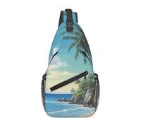 Palm Tree Rocky Shore Print Daily Crossbody Sling Bag, Shoulder Backpack Chest Bag Daypacks, For Outdoor Travel Casual