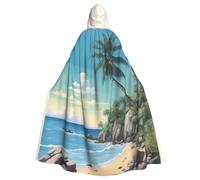 Palm Tree Rocky Shore Print Hooded Cloak,Halloween Cloak With Hood,Hooded Cape For Party, And Themed Events