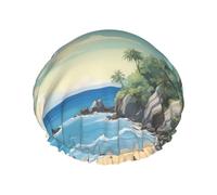 Palm Tree Rocky Shore Print Shower Cap For Women,Reusable Bath Cap,Breathable Shower Caps,Bathing Shower Caps With Adjustable