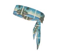 Palm Tree Rocky Shore Print Sport Head Ties Headbands Bandanas Workout Hair Band Athletic Sweatbands for Running Tennis