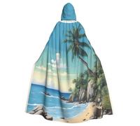 Palm Tree Rocky Shore Print Unisex Adults Hooded Cloak Cape,Hooded Robe Cloak,Oversized Hood Cloak,Halloween Cloak