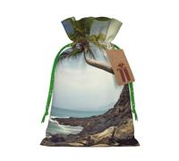 Palm Tree Rocky Shore Printed Christmas Drawstring Bags Reusable Xmas Bag for Party Xmas Gift Wrapping, Green Ribbon, M