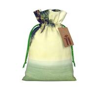 Palm Tree Rocky Shore Printed Christmas Drawstring Bags with Green Christmas Ribbon - Reusable Burlap Drawstring Gift Pouches, S